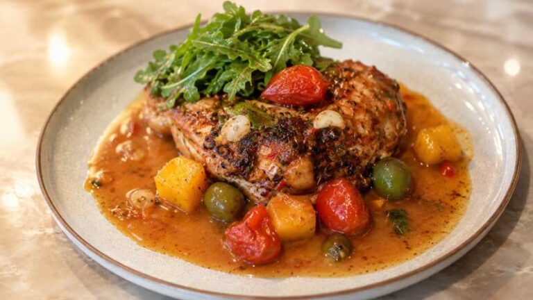 Spatchcock Chicken with Mango, Tomato, and Olive Pan Sauce Recipe