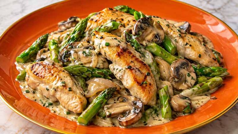 Boursin Chicken, Mushroom, and Asparagus Skillet