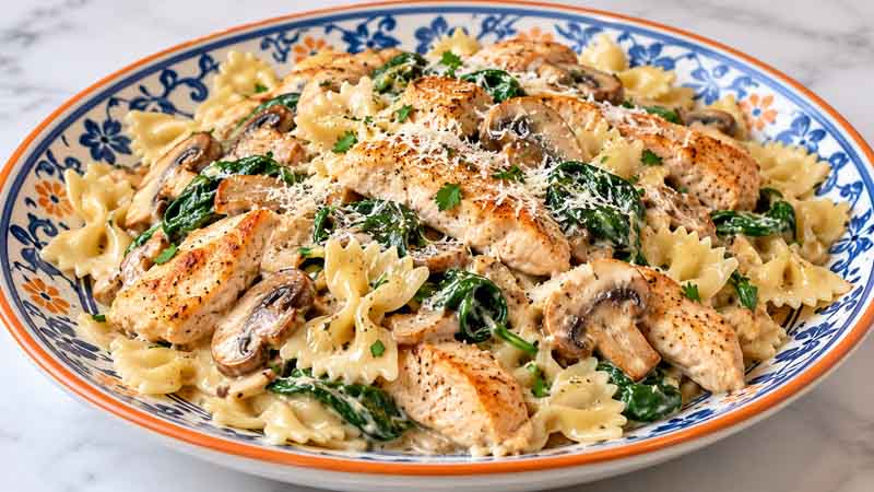 Creamy Chicken, Mushroom, and Spinach Pasta
