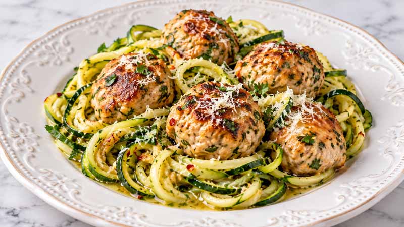 Garlic Butter Zoodles with Chicken Meatballs