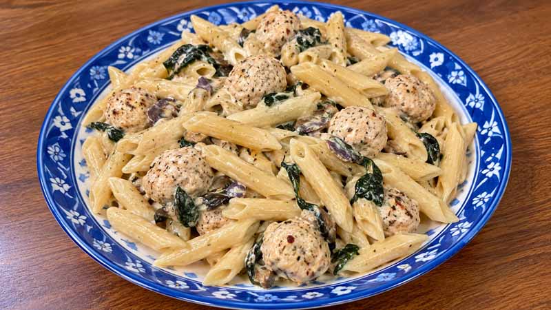 Lemony Chicken Ricotta Meatball Pasta Bake