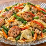 One Pan Chicken Sausage, Vegetables, and Orzo