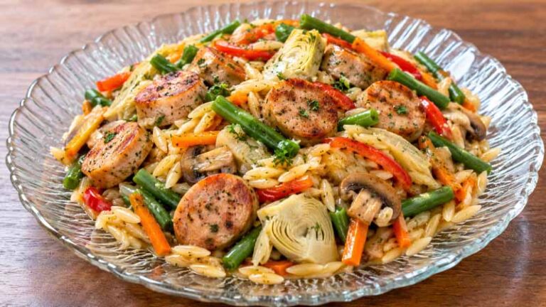 One Pan Chicken Sausage, Vegetables, and Orzo