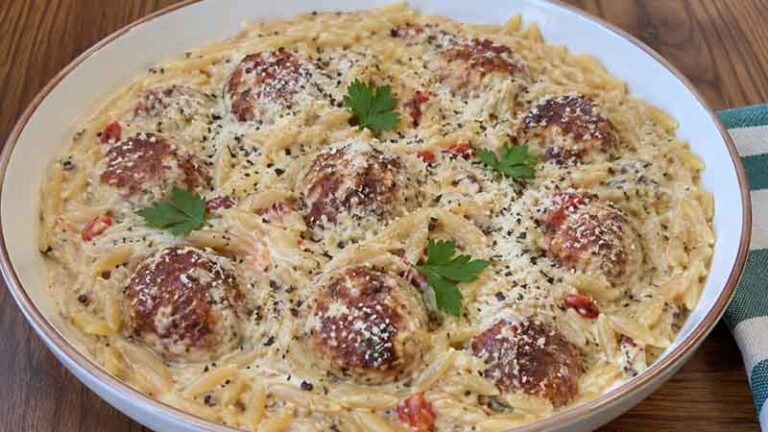 One Pot Orzo and Chicken Meatballs
