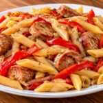 Penne, Peppers, and Chicken-Apple Sausage Saute