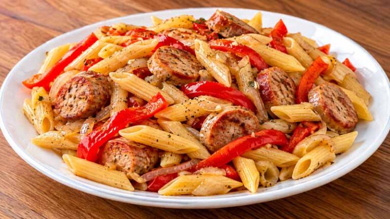 Penne, Peppers, and Chicken-Apple Sausage Saute