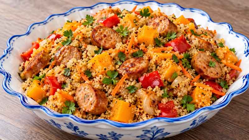 Quinoa Salad with Winter Veggies and Buffalo Chicken Sausage