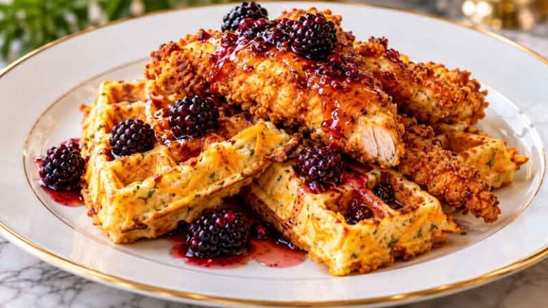 Spicy Gluten-Free Chicken and Cheddar Waffles with Blackberry-Maple Syrup