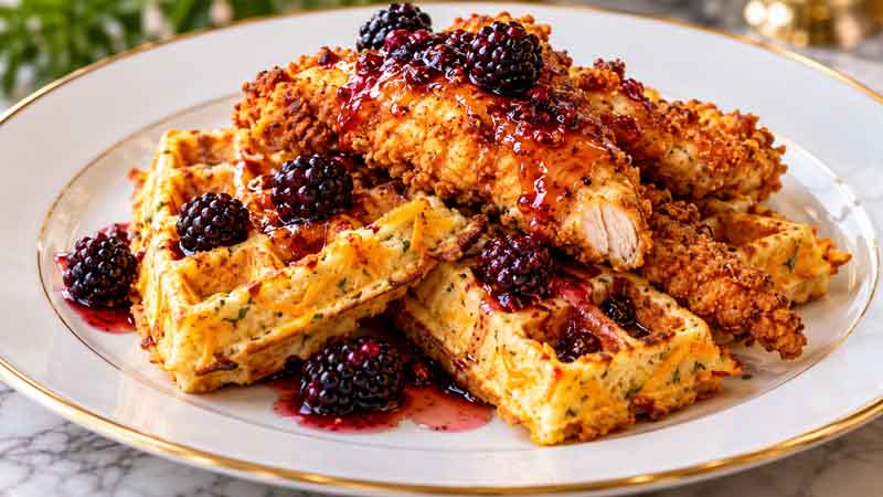 Spicy Gluten-Free Chicken and Cheddar Waffles with Blackberry-Maple Syrup