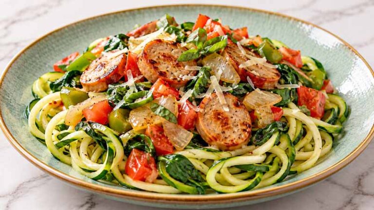Zucchini Noodles and Summer Vegetables with Sweet Pepper Chicken Sausage